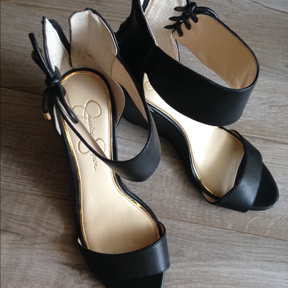 Jessica Simpson black leather wedges